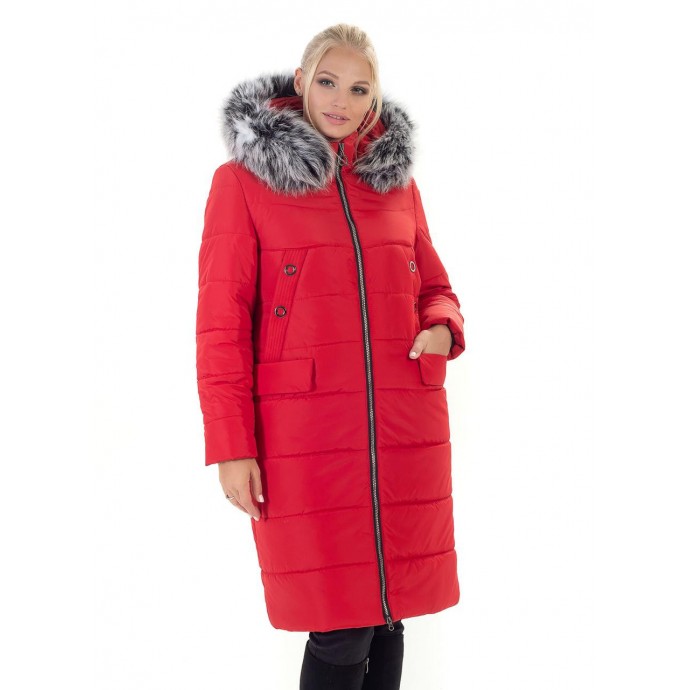Красное женское пальто с мехом ЛАНА77054-133