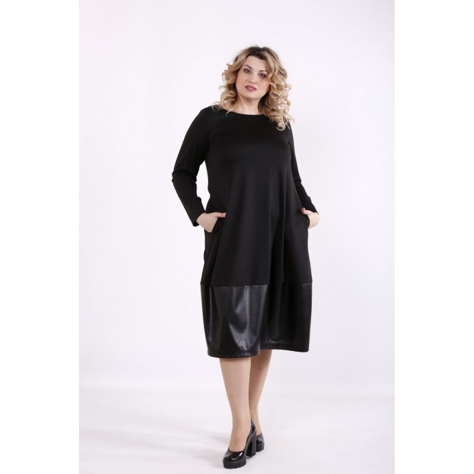 Черное платье с эко-кожей ККК99941-01414-2